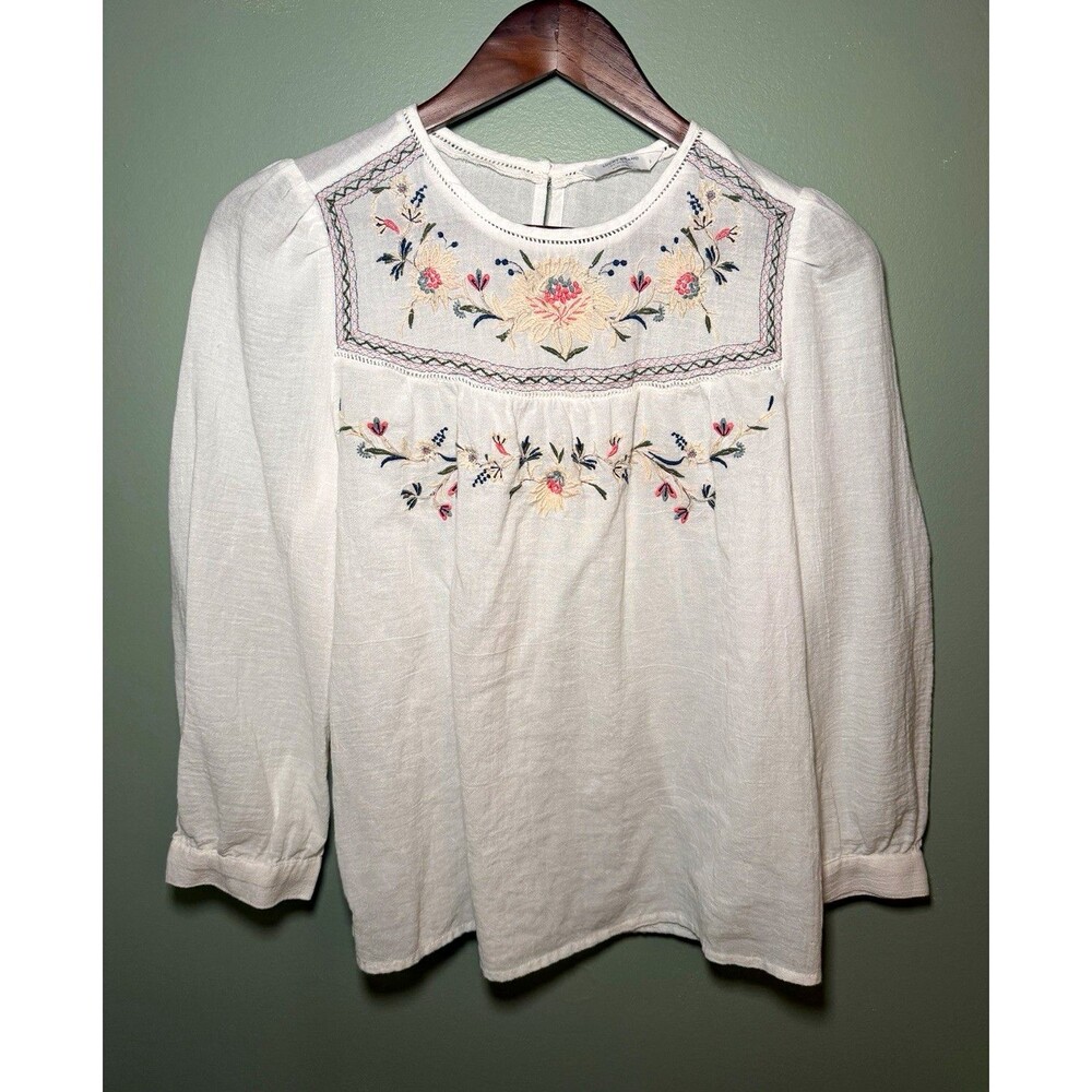 Lucky Brand Womens S White Floral Embroidered Round Neck 3/4 Sleeve Blouse